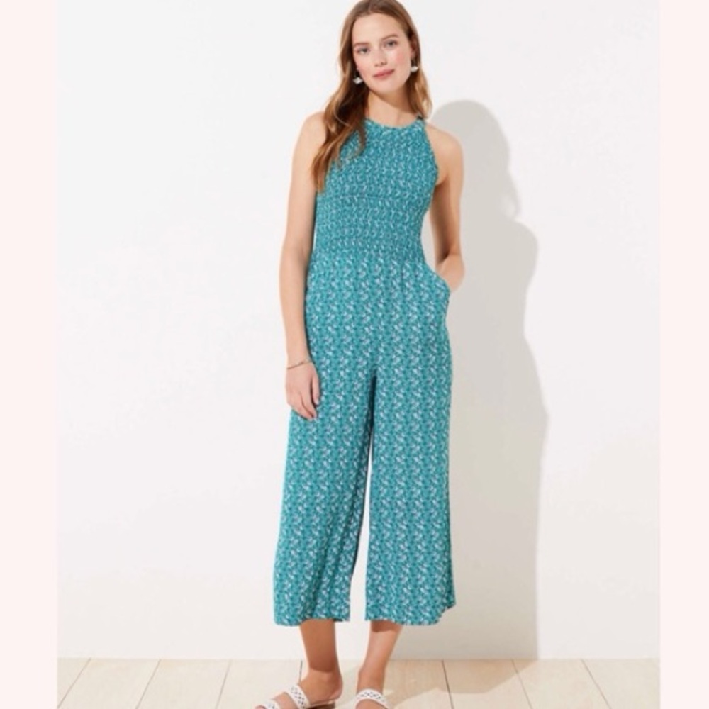 LOFT Teal Patterned Smock Top Jumpsuit